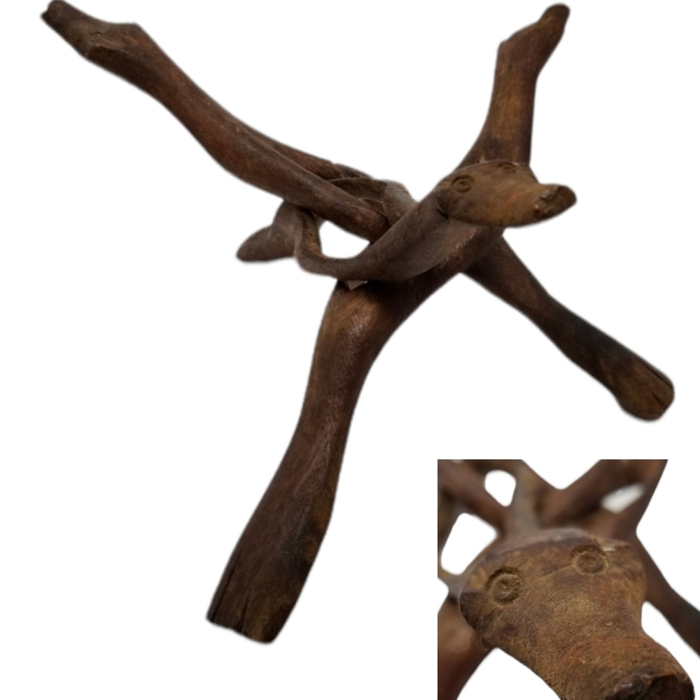 Wood Carved Folk Art Sculpture Creature Face Snake Stand Primitive Interlocking